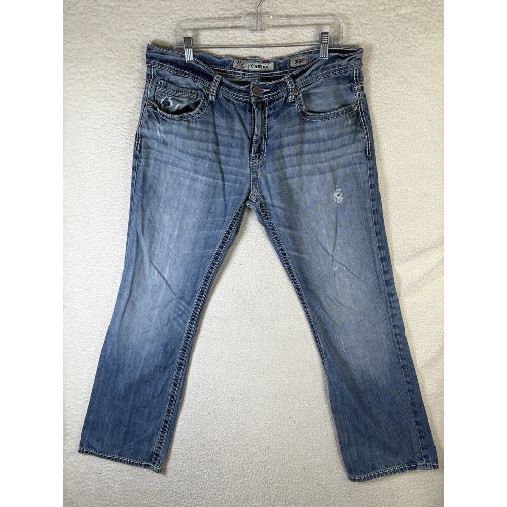 Buckle BKE Carter Jeans Mens 36R 36x31 Blue Straight Distressed Thick Stitch